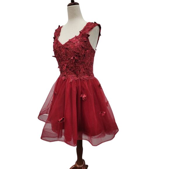 NWT Women's Crimson Red Short Butterfly Cocktail Dress with Tulle Corset back - Picture 6 of 13
